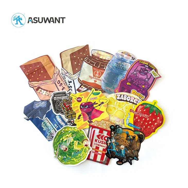 Digitális nyomtatás Egyéni forma visszahelyezhető illatbiztos baggies 3,5 g candy die cut mylar táskák